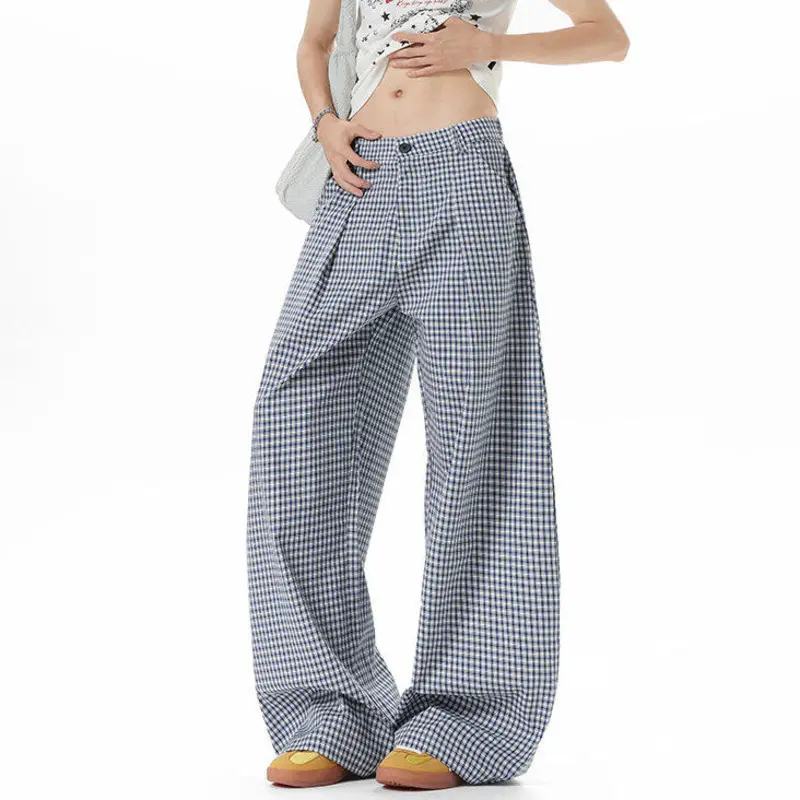 IEFB Loose Fit Plaid Male Casual Pants Plaid Fold Design Men Fashion Trend Summer Wide Leg Trousers Thin Men Clothing 9W3592