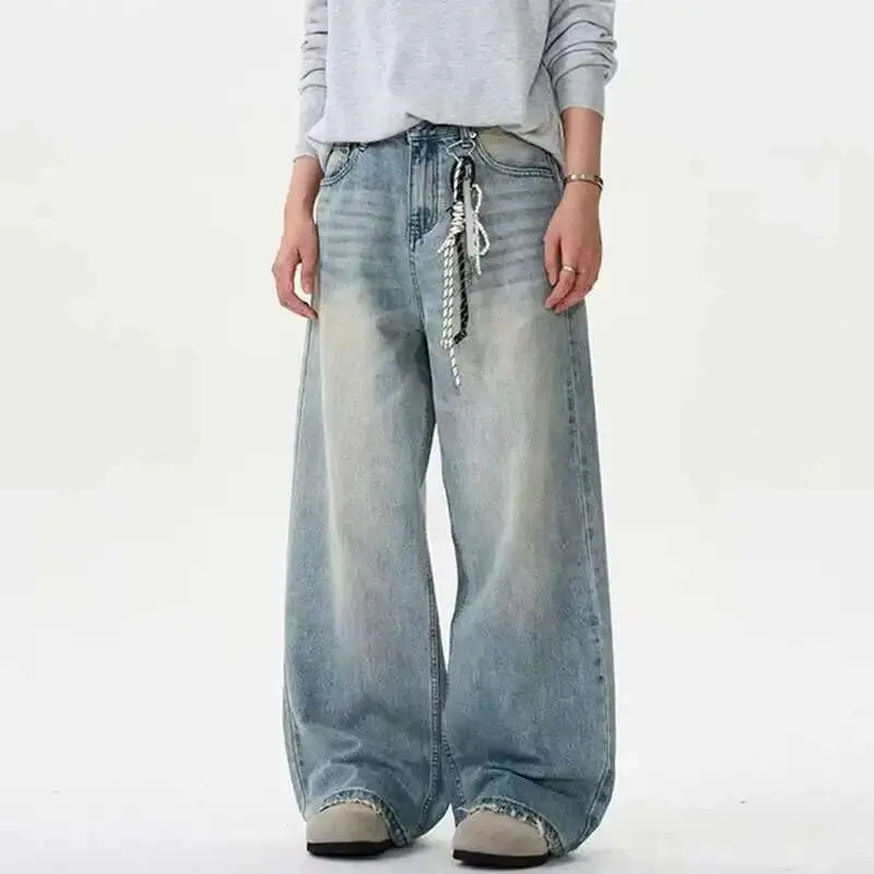 IEFB Distressed Jeans Solid Color Washing Summer Men Trousers Loose Wide Leg Casual Straight Moustache Effect Male Bottom 9W665