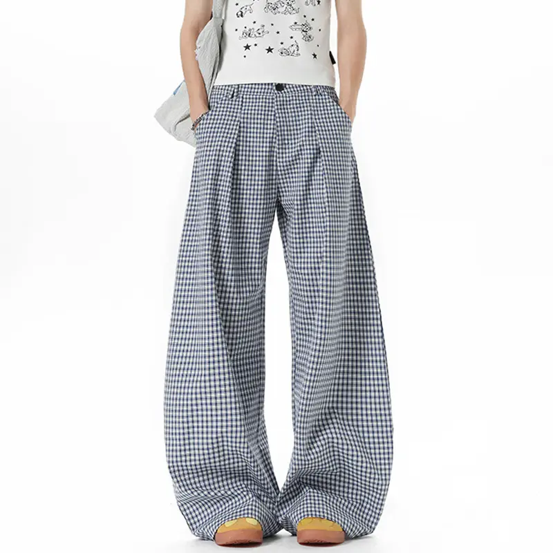 IEFB Loose Fit Plaid Male Casual Pants Plaid Fold Design Men Fashion Trend Summer Wide Leg Trousers Thin Men Clothing 9W3592