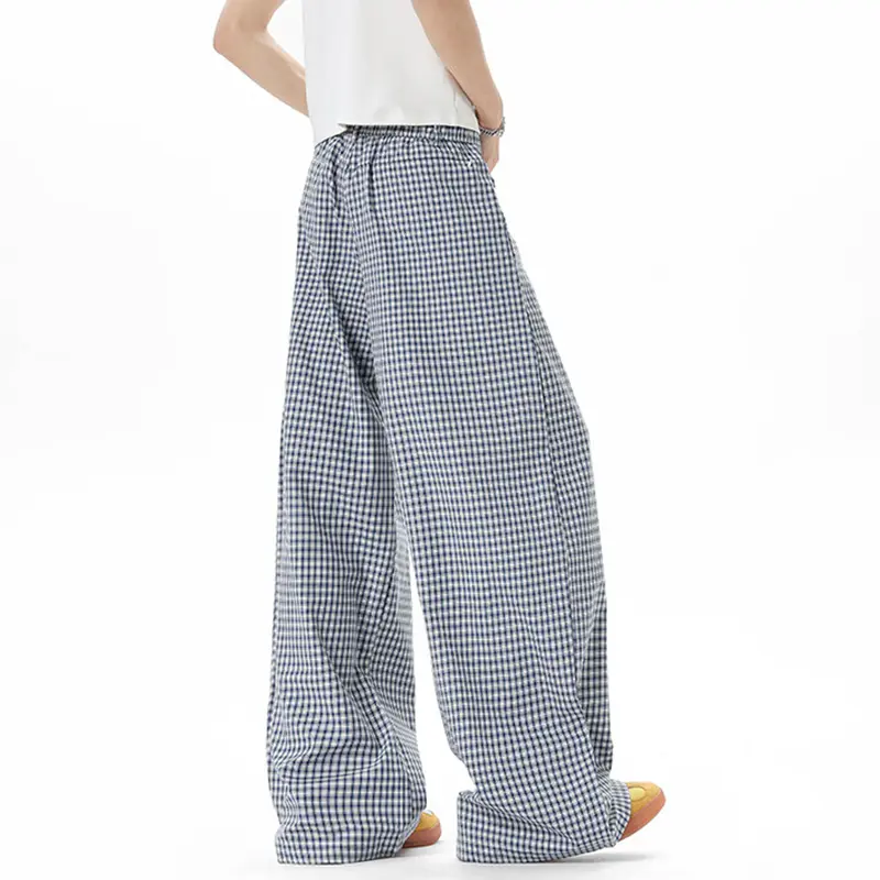 IEFB Loose Fit Plaid Male Casual Pants Plaid Fold Design Men Fashion Trend Summer Wide Leg Trousers Thin Men Clothing 9W3592