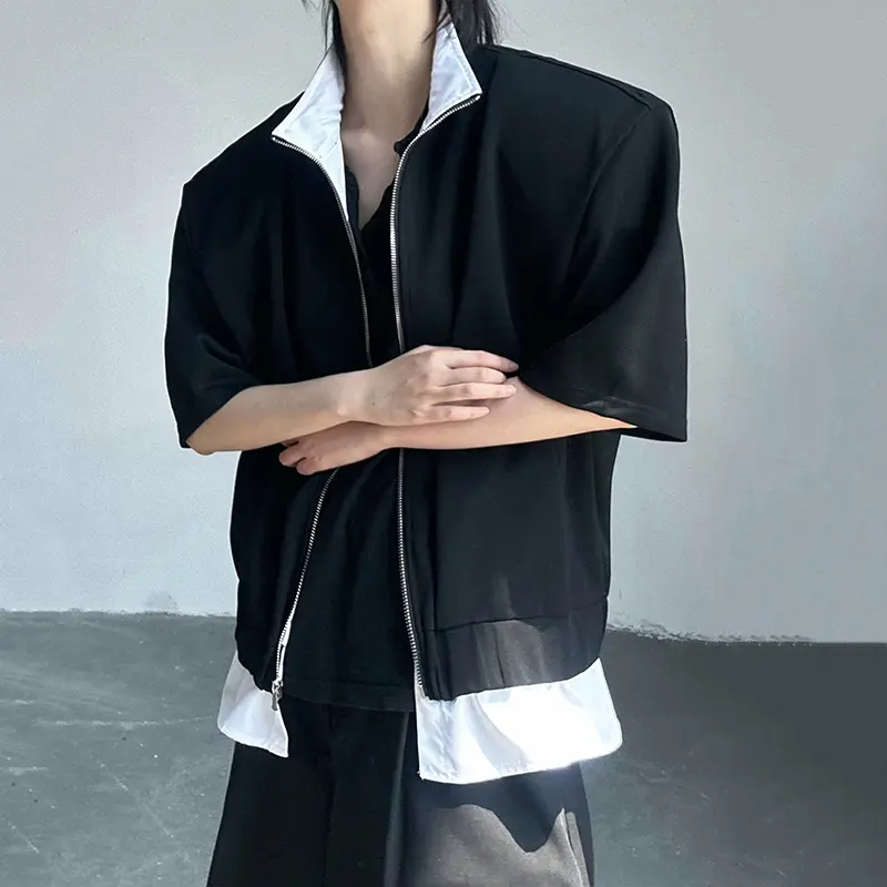IEFB Niche Design Men's Jackets Stand Collar Fake Two-piece Contrast Color Zipper Short Sleeve Loose Male Coats Stylish 9W2947