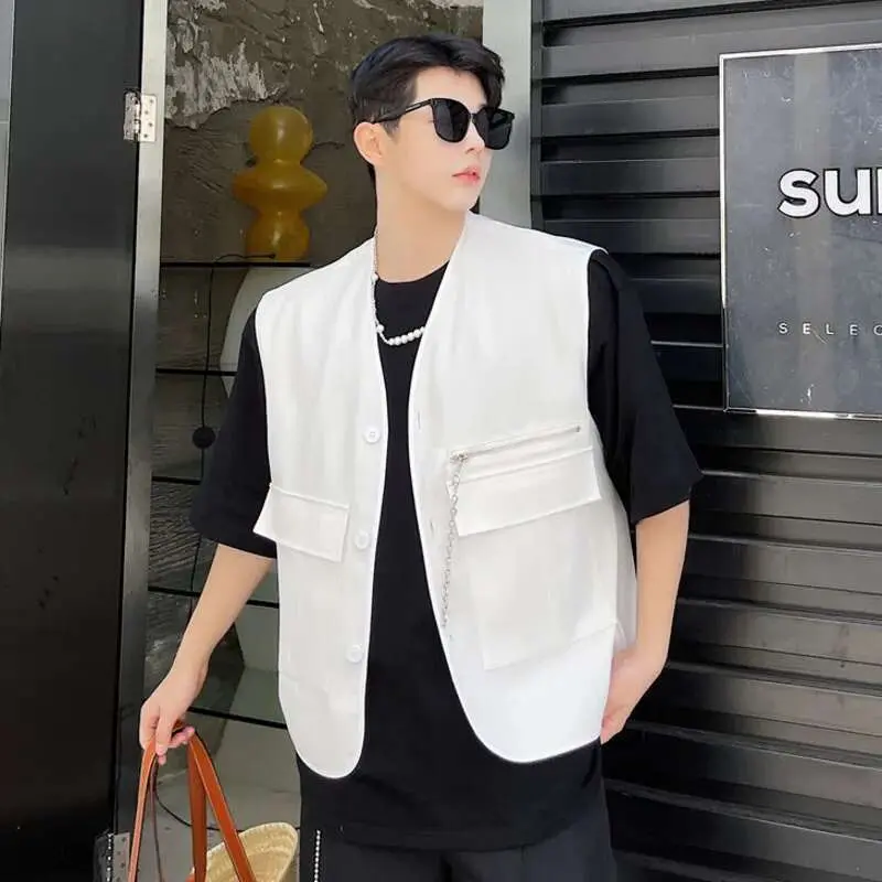 IEFB New Spirng Men's Vest Coat  Korean Fashionable Sleeveless Design Multi Pockets Zippers Stylish Male Clothing 9W1580