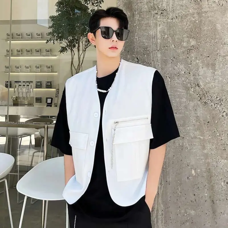IEFB New Spirng Men's Vest Coat  Korean Fashionable Sleeveless Design Multi Pockets Zippers Stylish Male Clothing 9W1580