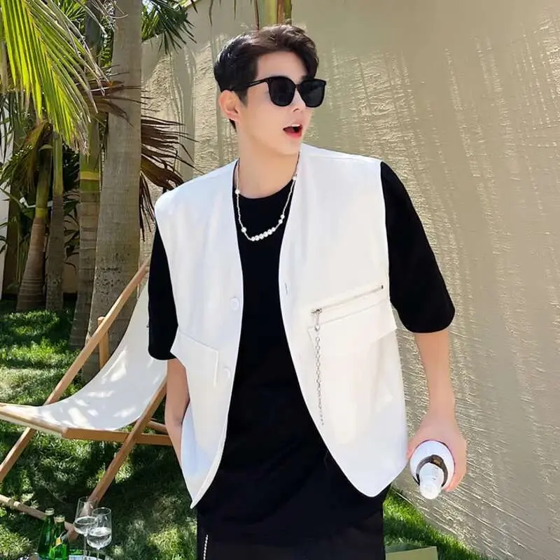IEFB New Spirng Men's Vest Coat  Korean Fashionable Sleeveless Design Multi Pockets Zippers Stylish Male Clothing 9W1580