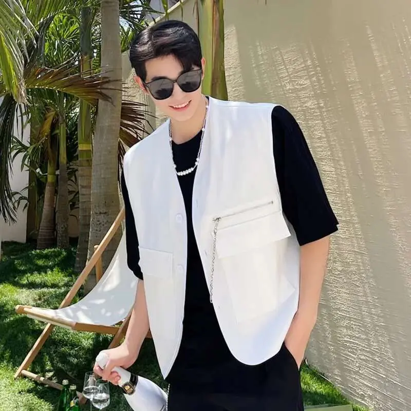 IEFB New Spirng Men's Vest Coat  Korean Fashionable Sleeveless Design Multi Pockets Zippers Stylish Male Clothing 9W1580