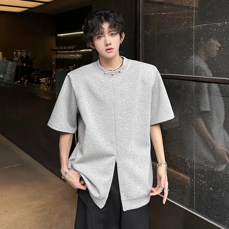 IEFB Metal Design Men's Tees O-neck Solid Color Split Shoulder Padded T-shirts Short Sleeved Niche Loose Male Clothing 9W3330