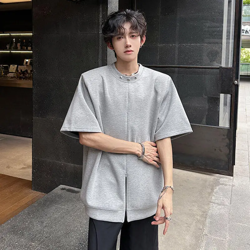 IEFB Metal Design Men's Tees O-neck Solid Color Split Shoulder Padded T-shirts Short Sleeved Niche Loose Male Clothing 9W3330
