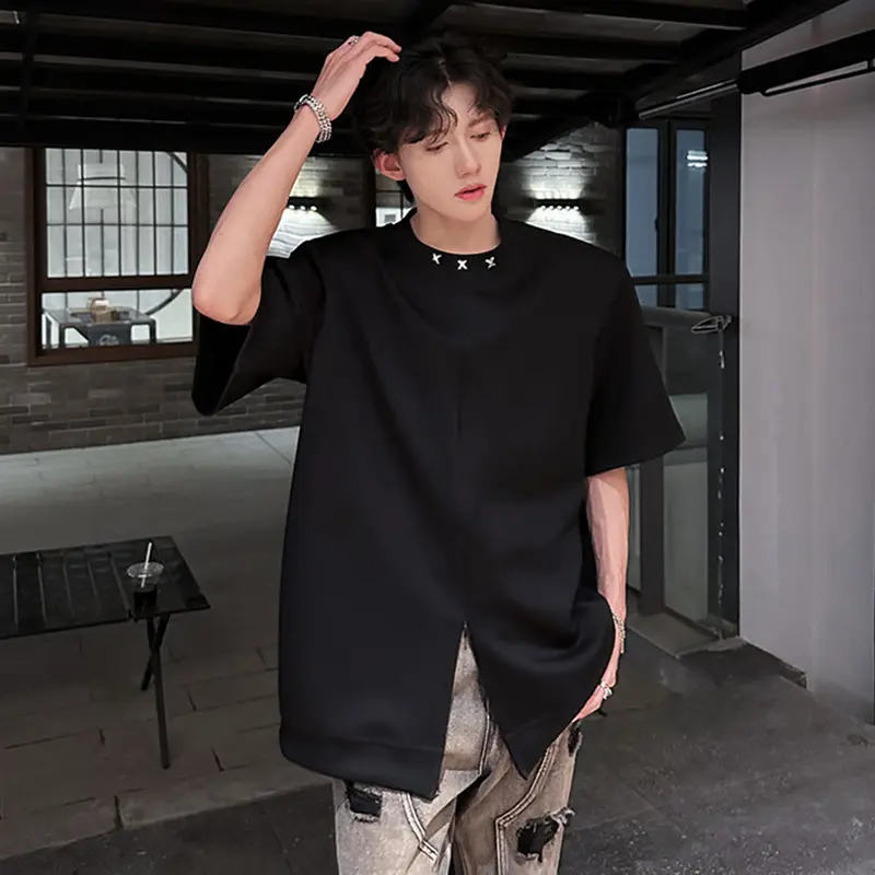 IEFB Metal Design Men's Tees O-neck Solid Color Split Shoulder Padded T-shirts Short Sleeved Niche Loose Male Clothing 9W3330