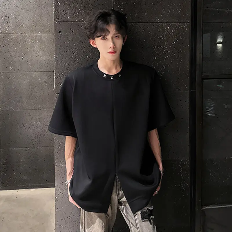 IEFB Metal Design Men's Tees O-neck Solid Color Split Shoulder Padded T-shirts Short Sleeved Niche Loose Male Clothing 9W3330