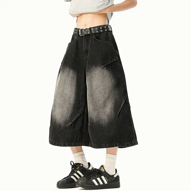 IEFB Men's Clothing Summer Denim Shorts New Fashion American Washed Vintage Loose Wide Leg Straight Jorts Fold Baggy 9W3761