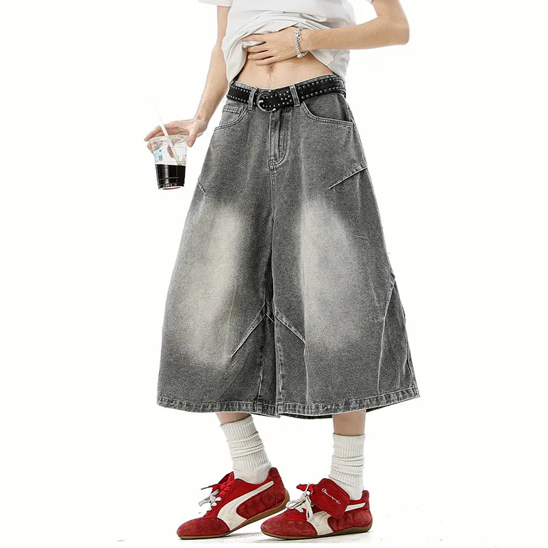 IEFB Men's Clothing Summer Denim Shorts New Fashion American Washed Vintage Loose Wide Leg Straight Jorts Fold Baggy 9W3761