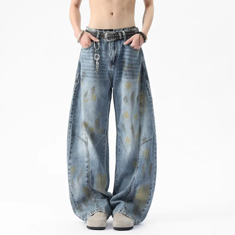 IEFB Niche Design Men's Jeans Splash-ink Contrast Color Washing Patchwork Casual Wide Leg Loose Straight Male Denim Pants 9W2959