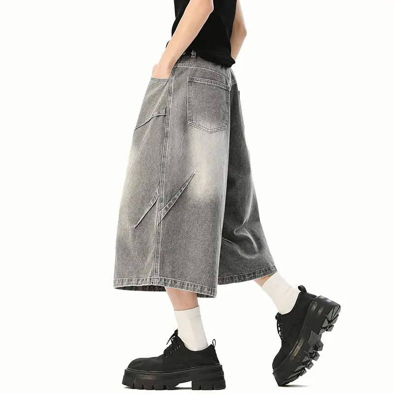 IEFB Men's Clothing Summer Denim Shorts New Fashion American Washed Vintage Loose Wide Leg Straight Jorts Fold Baggy 9W3761