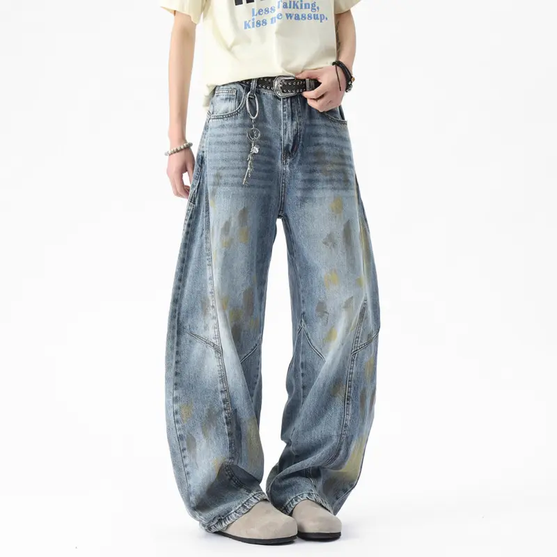 IEFB Niche Design Men's Jeans Splash-ink Contrast Color Washing Patchwork Casual Wide Leg Loose Straight Male Denim Pants 9W2959