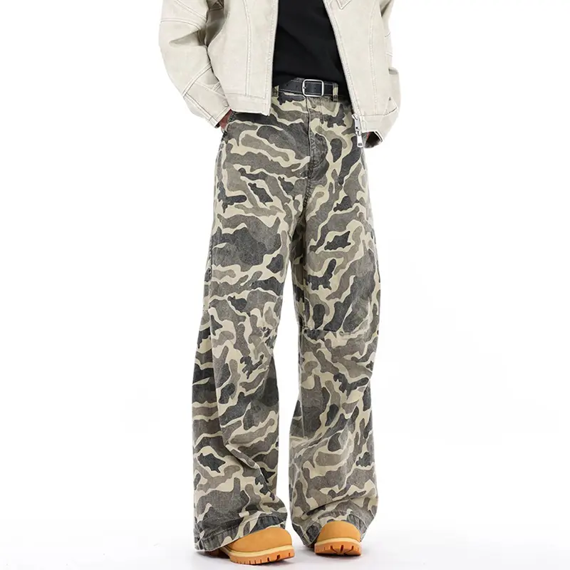 IEFB American Style Men's Denim Cargo Pants Camouflage Casua Straight Bottom Tide Baggy Wide Leg Cowboy Male Jeans Spring 9W1048