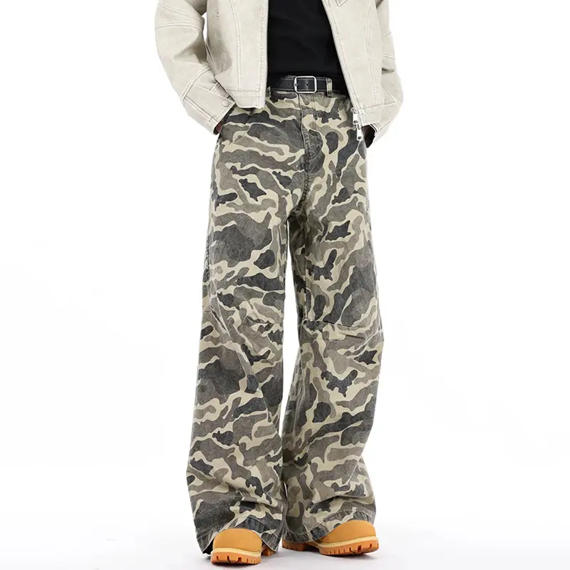 IEFB American Style Men's Denim Cargo Pants Camouflage Casua Straight Bottom Tide Baggy Wide Leg Cowboy Male Jeans Spring 9W1048