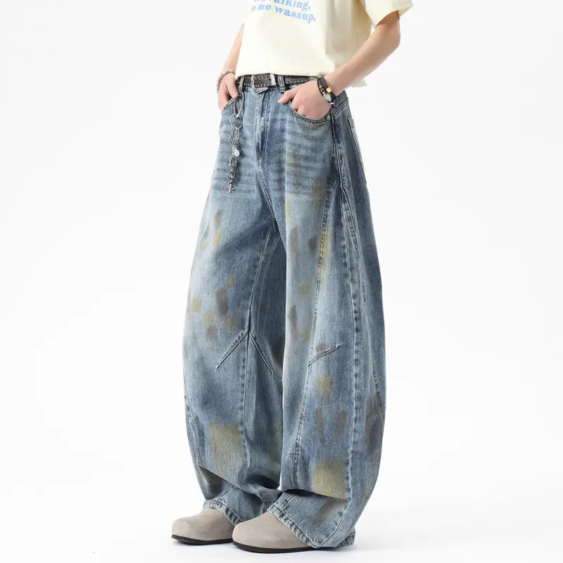 IEFB Niche Design Men's Jeans Splash-ink Contrast Color Washing Patchwork Casual Wide Leg Loose Straight Male Denim Pants 9W2959