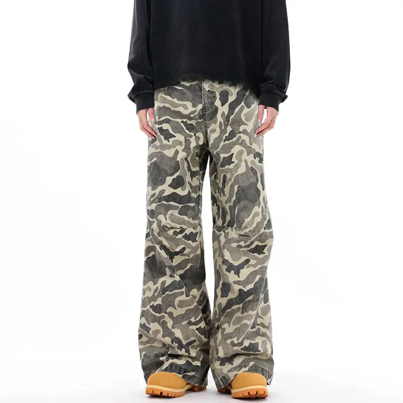 IEFB American Style Men's Denim Cargo Pants Camouflage Casua Straight Bottom Tide Baggy Wide Leg Cowboy Male Jeans Spring 9W1048