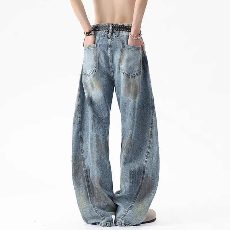 IEFB Niche Design Men's Jeans Splash-ink Contrast Color Washing Patchwork Casual Wide Leg Loose Straight Male Denim Pants 9W2959