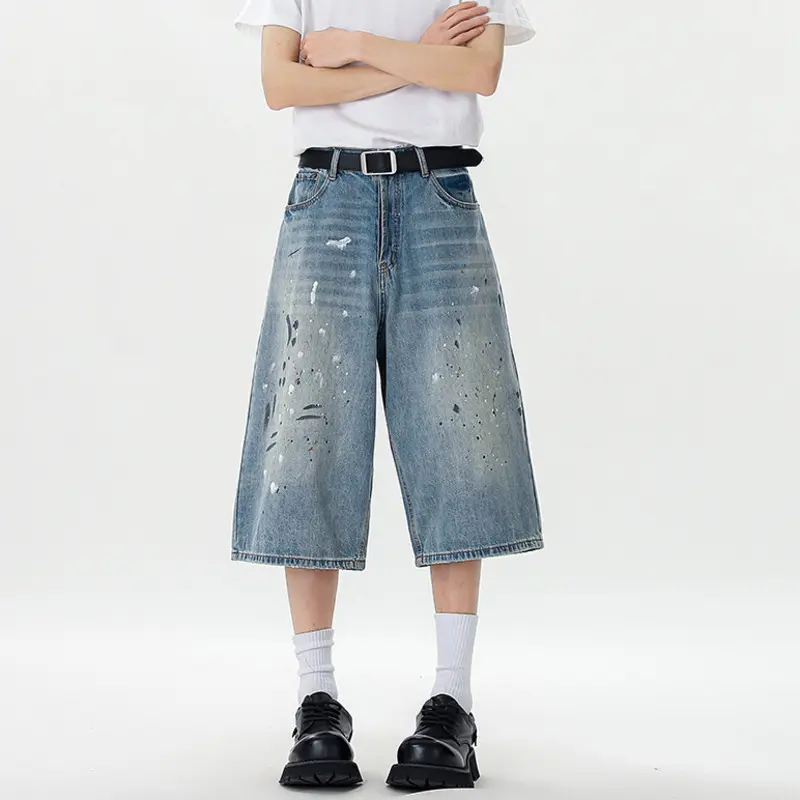 IEFB Fashion Men's Denim Trousers Splash-ink Contrast Color Casual Summer Shorts Straight Leg Male Jeans Niche Menswear 9W3170