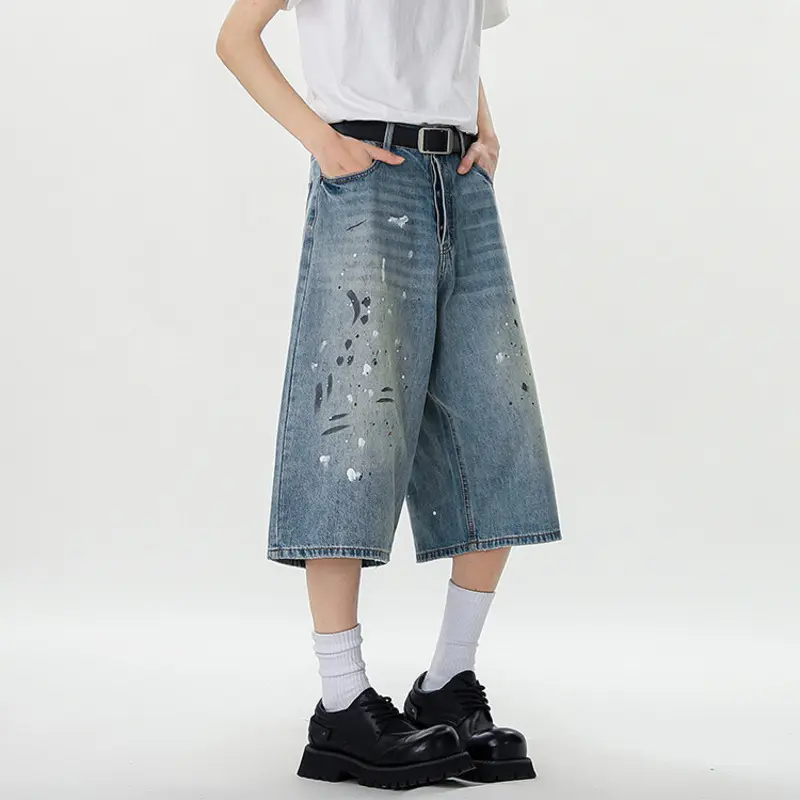 IEFB Fashion Men's Denim Trousers Splash-ink Contrast Color Casual Summer Shorts Straight Leg Male Jeans Niche Menswear 9W3170