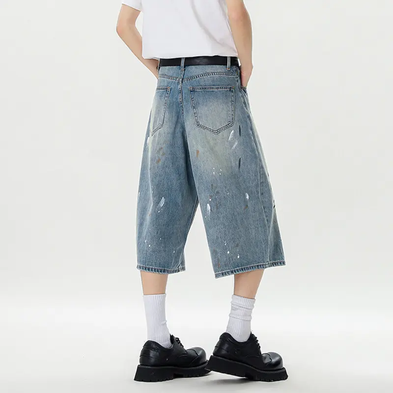 IEFB Fashion Men's Denim Trousers Splash-ink Contrast Color Casual Summer Shorts Straight Leg Male Jeans Niche Menswear 9W3170