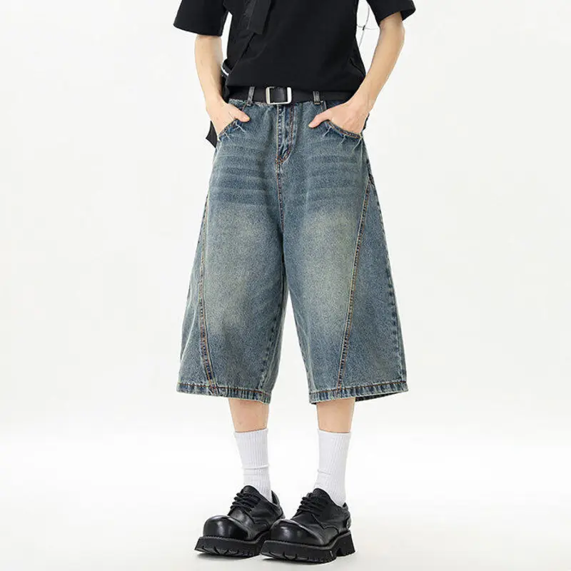 IEFB Korean Style Men's Jeans Washing Silhouette Solid Color Pockets Wide Leg Simple Cropped Denim Shorts New Summer 9W3171