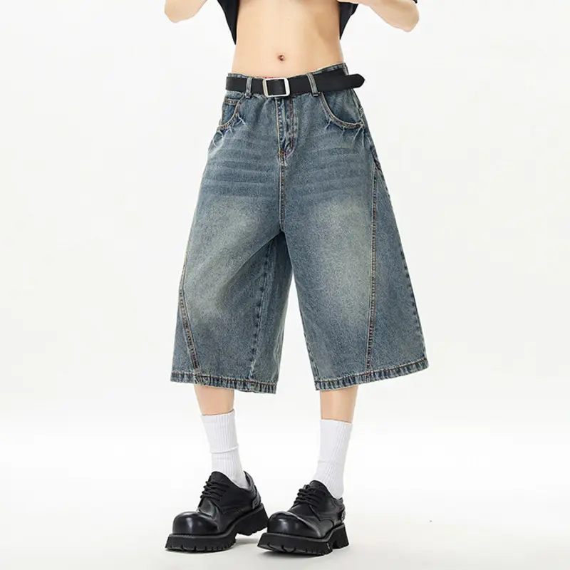 IEFB Korean Style Men's Jeans Washing Silhouette Solid Color Pockets Wide Leg Simple Cropped Denim Shorts New Summer 9W3171
