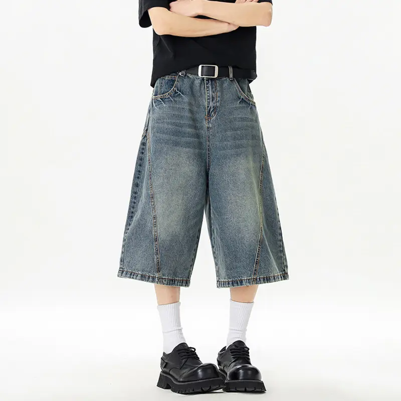 IEFB Korean Style Men's Jeans Washing Silhouette Solid Color Pockets Wide Leg Simple Cropped Denim Shorts New Summer 9W3171