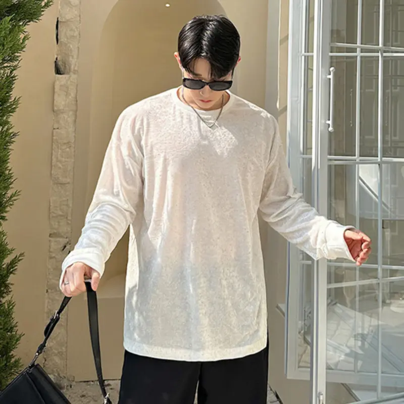 IEFB New Men's T-shirts Spring Korean Semi Transparent Shiny Design Long Sleeve Round Collar Solid Color Male Clothing 9W1604