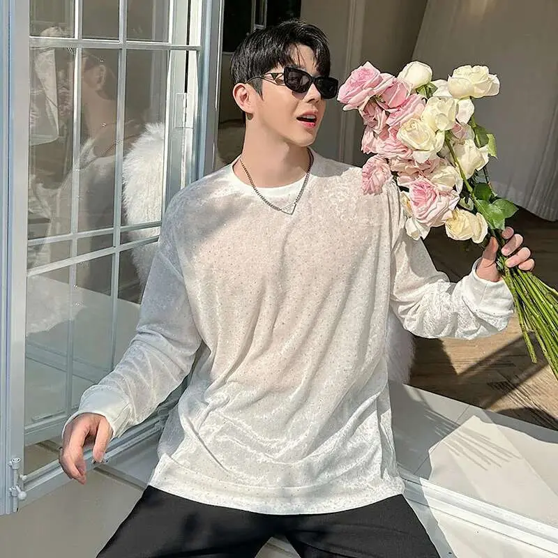 IEFB New Men's T-shirts Spring Korean Semi Transparent Shiny Design Long Sleeve Round Collar Solid Color Male Clothing 9W1604