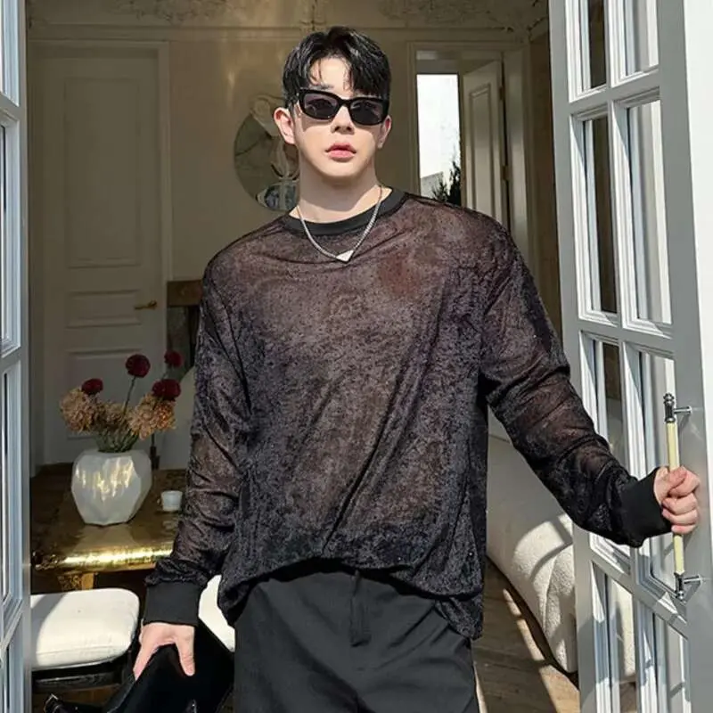 IEFB New Men's T-shirts Spring Korean Semi Transparent Shiny Design Long Sleeve Round Collar Solid Color Male Clothing 9W1604