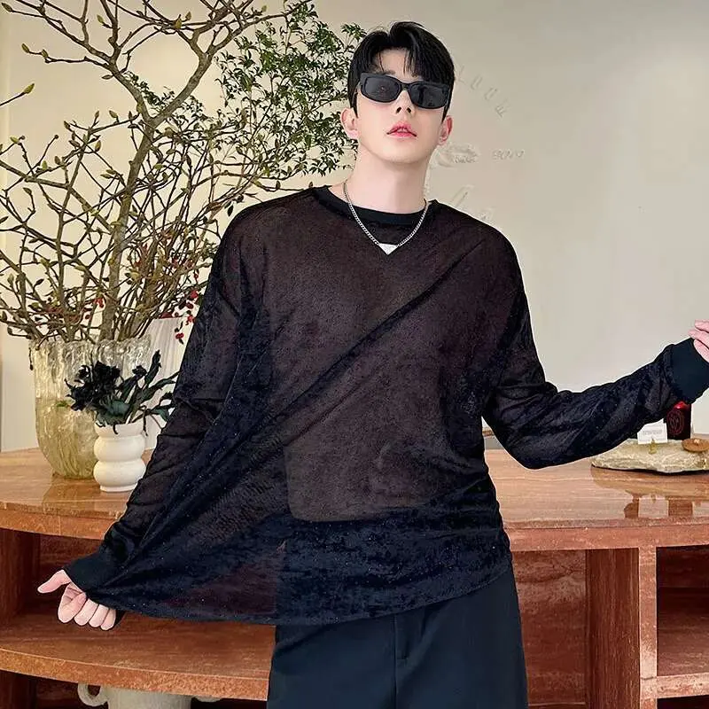 IEFB New Men's T-shirts Spring Korean Semi Transparent Shiny Design Long Sleeve Round Collar Solid Color Male Clothing 9W1604