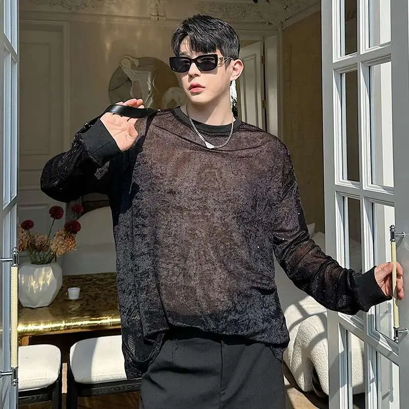 IEFB New Men's T-shirts Spring Korean Semi Transparent Shiny Design Long Sleeve Round Collar Solid Color Male Clothing 9W1604
