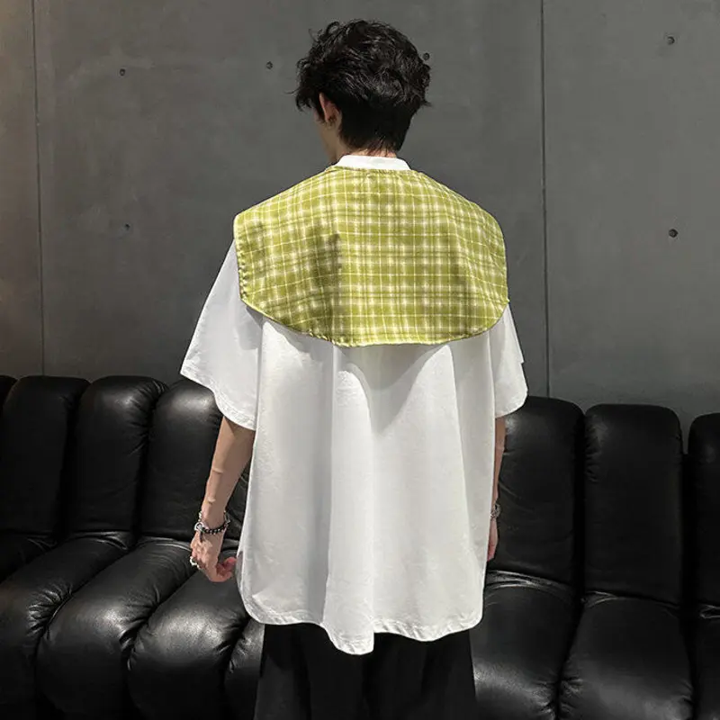 IEFB Niche Design Men's Tees Fake Two-piece Contrast Color Shoulder Padded Patchwork Loose Short Sleeve Male T-shirts 9W3372