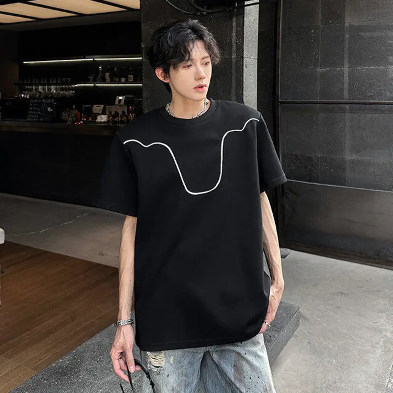 IEFB Shoulder Pads Men's T-shirts Contrast Color Line Design O-neck Tees Short Sleeved Loose Simple Male Tops Cleanfit 9W3490