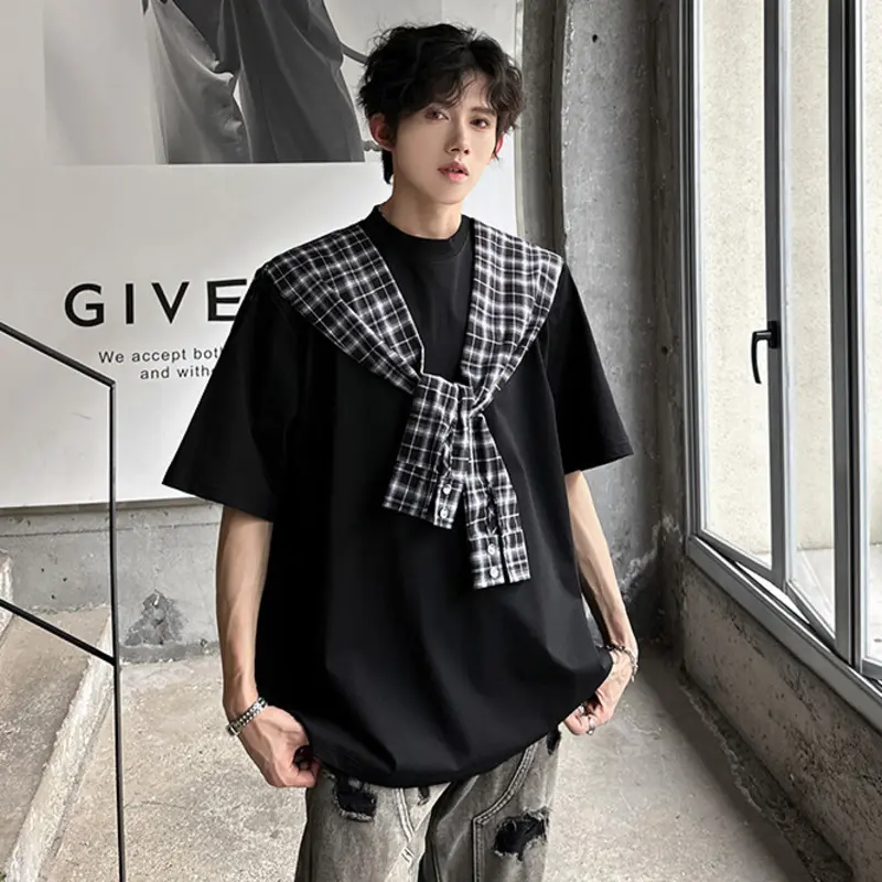 IEFB Niche Design Men's Tees Fake Two-piece Contrast Color Shoulder Padded Patchwork Loose Short Sleeve Male T-shirts 9W3372