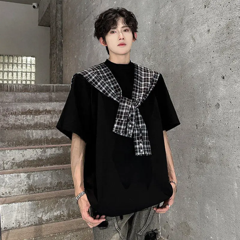 IEFB Niche Design Men's Tees Fake Two-piece Contrast Color Shoulder Padded Patchwork Loose Short Sleeve Male T-shirts 9W3372