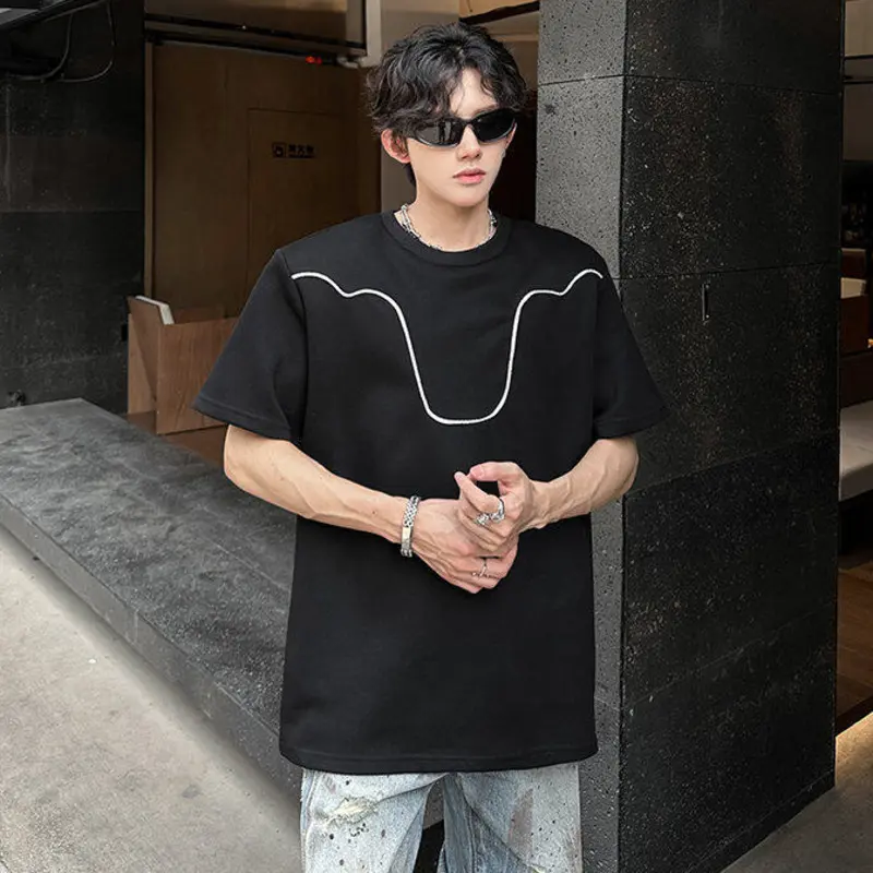 IEFB Shoulder Pads Men's T-shirts Contrast Color Line Design O-neck Tees Short Sleeved Loose Simple Male Tops Cleanfit 9W3490