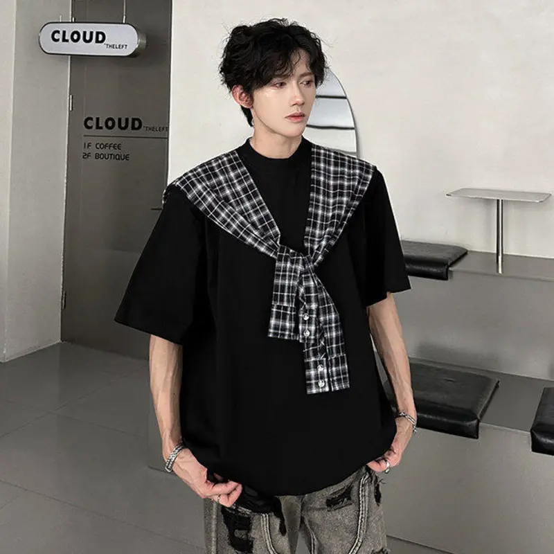 IEFB Niche Design Men's Tees Fake Two-piece Contrast Color Shoulder Padded Patchwork Loose Short Sleeve Male T-shirts 9W3372