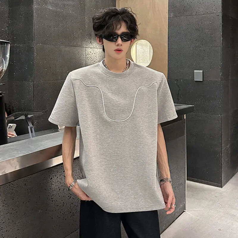 IEFB Shoulder Pads Men's T-shirts Contrast Color Line Design O-neck Tees Short Sleeved Loose Simple Male Tops Cleanfit 9W3490