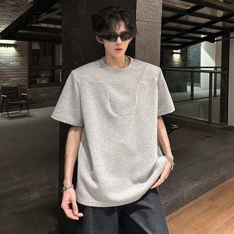 IEFB Shoulder Pads Men's T-shirts Contrast Color Line Design O-neck Tees Short Sleeved Loose Simple Male Tops Cleanfit 9W3490