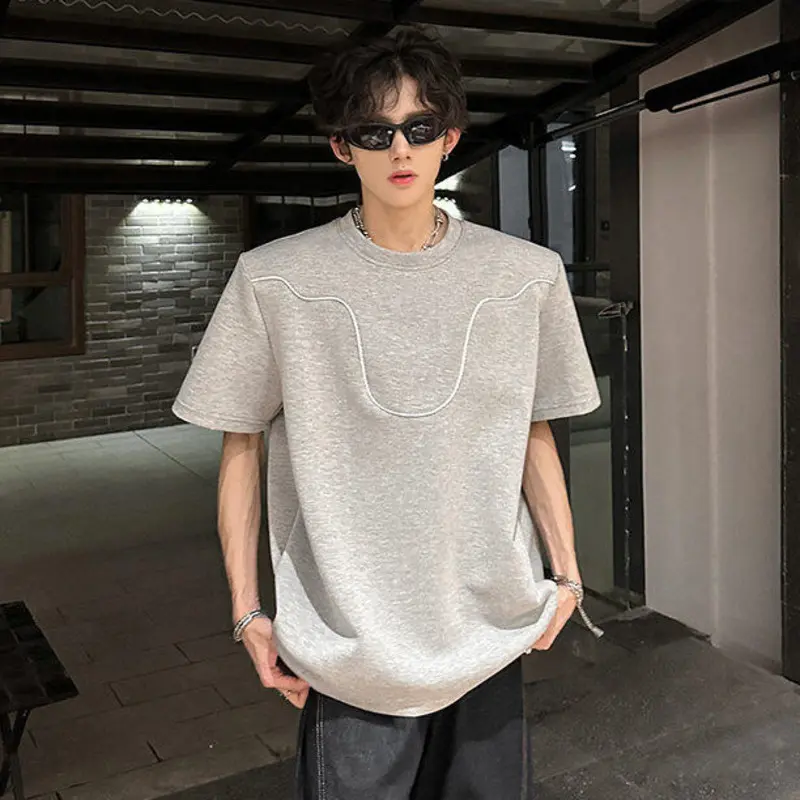 IEFB Shoulder Pads Men's T-shirts Contrast Color Line Design O-neck Tees Short Sleeved Loose Simple Male Tops Cleanfit 9W3490