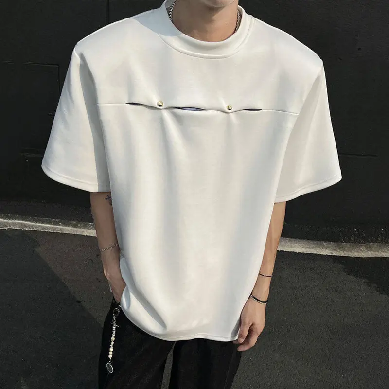 IEFB Patchwork Summer T-shirts Round Collar Double Button Korean Structure Striped Short Sleeve Shoulder Padded Male Tees 9W3327