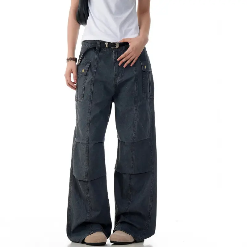 IEFB Simple Men's Casual Trousers Solid Color Pleated Design Side Pockets Cleanfit Washing Straight Wide Leg Male Bottom 9W2808