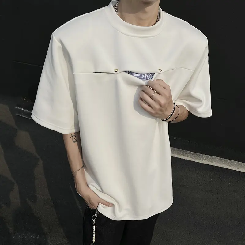 IEFB Patchwork Summer T-shirts Round Collar Double Button Korean Structure Striped Short Sleeve Shoulder Padded Male Tees 9W3327