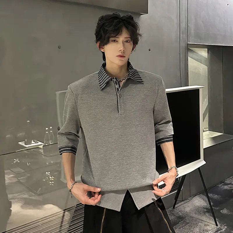 IEFB Turn-Down Collar Color Versatile Male Tees Striped Patchwork American Style Trendy Summer Men's Short Sleeve T-Shirt 9W4075