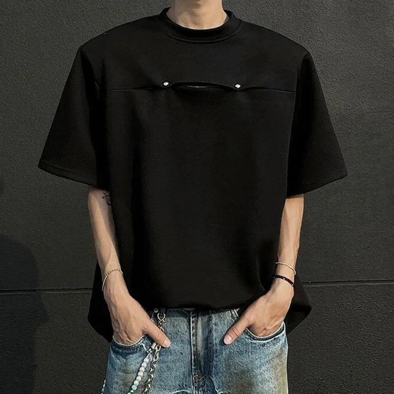 IEFB Patchwork Summer T-shirts Round Collar Double Button Korean Structure Striped Short Sleeve Shoulder Padded Male Tees 9W3327