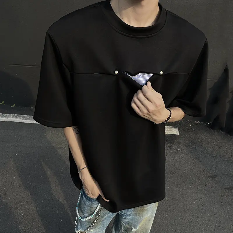 IEFB Patchwork Summer T-shirts Round Collar Double Button Korean Structure Striped Short Sleeve Shoulder Padded Male Tees 9W3327