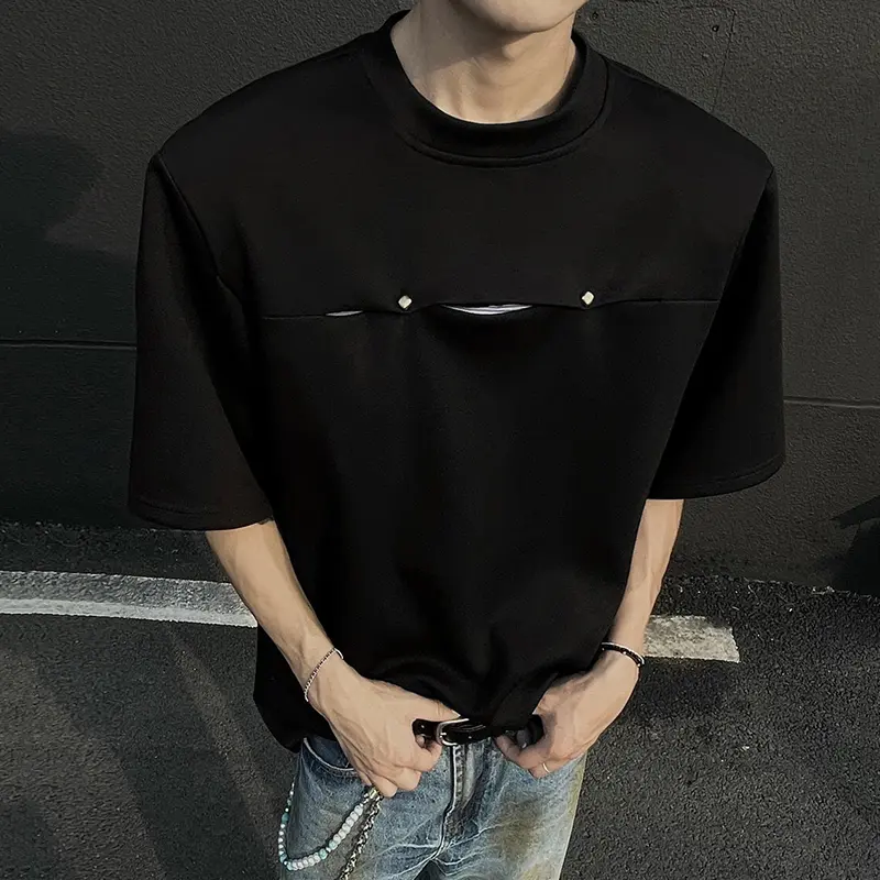 IEFB Patchwork Summer T-shirts Round Collar Double Button Korean Structure Striped Short Sleeve Shoulder Padded Male Tees 9W3327